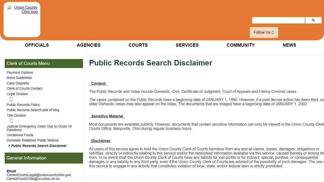 Union County, Ohio - Public Records Search Disclaimer